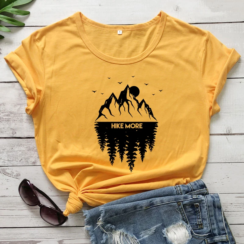 

Hike More 100% Cotton T-shirt Aesthetic Mountains Hiking Top Tee Shirt Trendy Women Short Sleeve Adventure Camping Tshirt