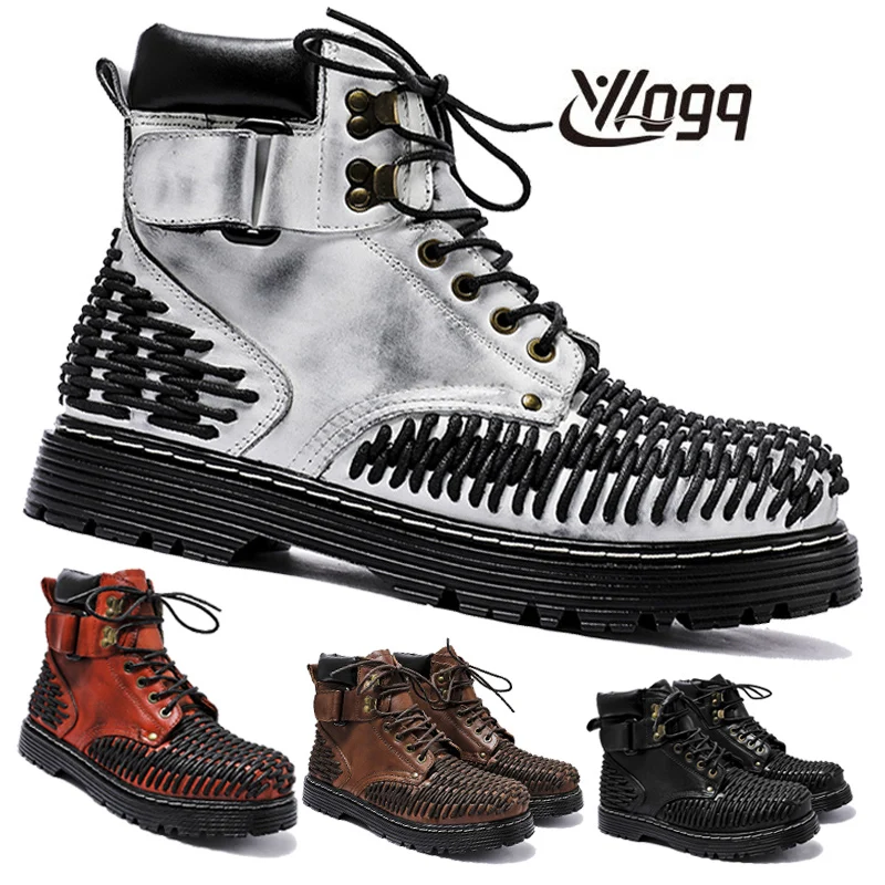 Men\'s Genuine Leather Ankle Boots Punk Gothic Boots Red Round Toe Vintage Style Punk Boots Casual knit Shoes Motorcycle Boots