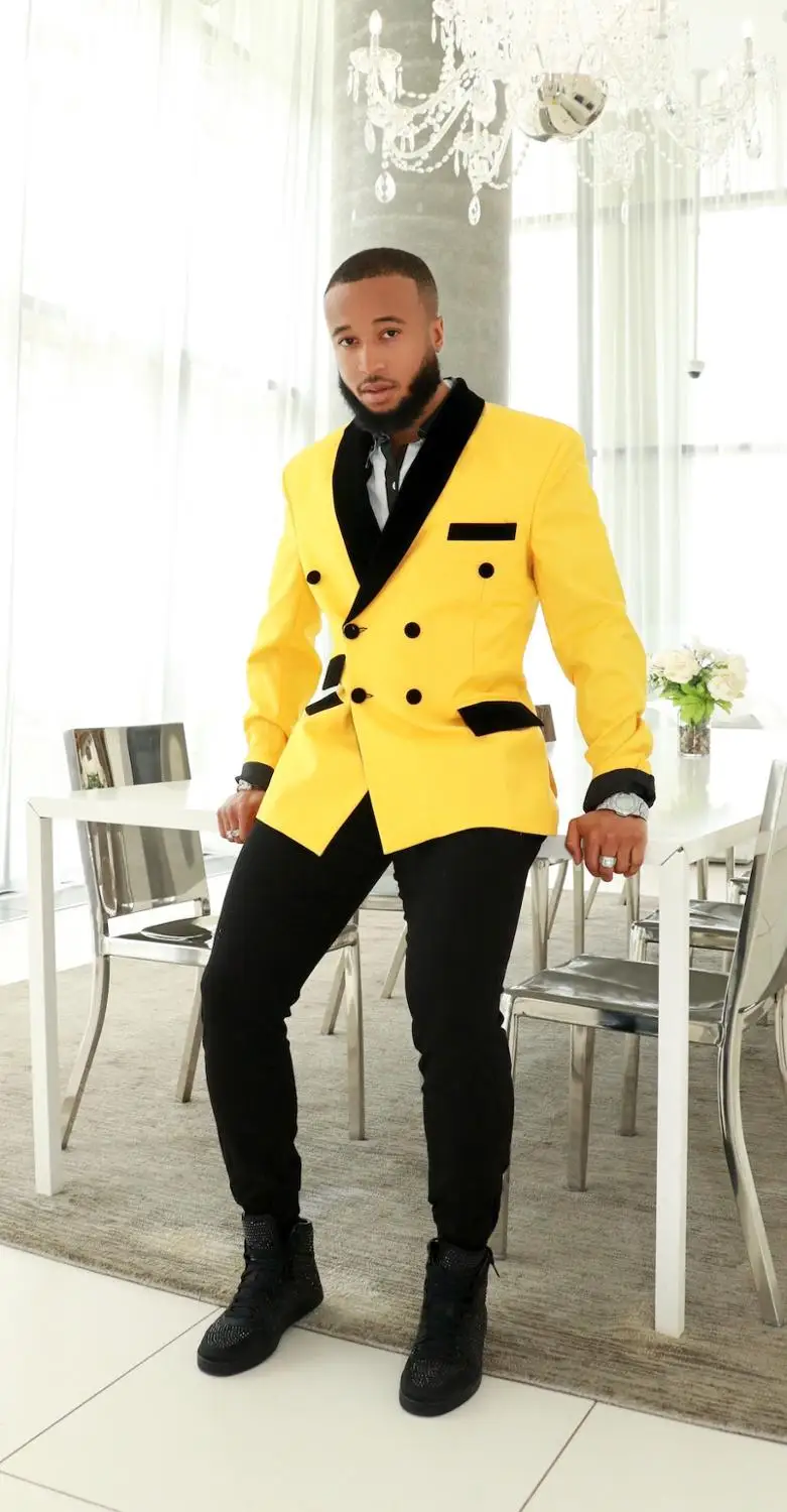 

High Quality Yellow Double Breasted Blazer Men Suit Groom Tuxedo Velvet Shawl Lapel Groomsmen Best Man Wedding Prom Dinner Suits