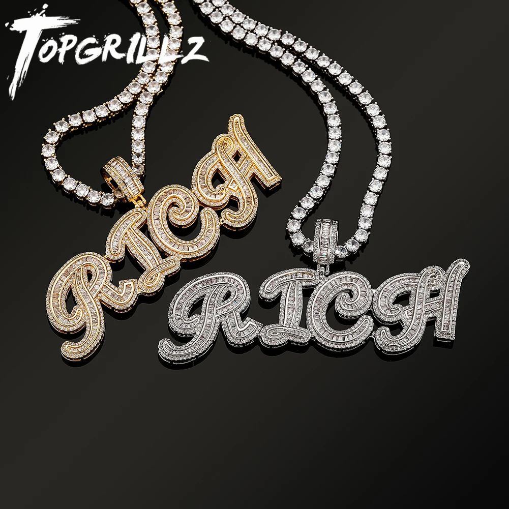 

TOPGRILLZ 2021 New Cursive Letter Custom Name Pendant Necklace Iced Micro Pave Prong Setting CZ Pendant Personalized Jewelry