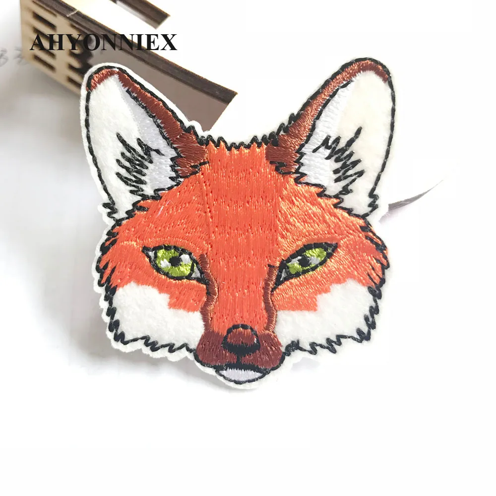 AHYONNIEX Fox Head Patch for Clothing Iron on Embroidered Sewing Applique Cute Sew On Fabric Badge DIY Apparel Accessories