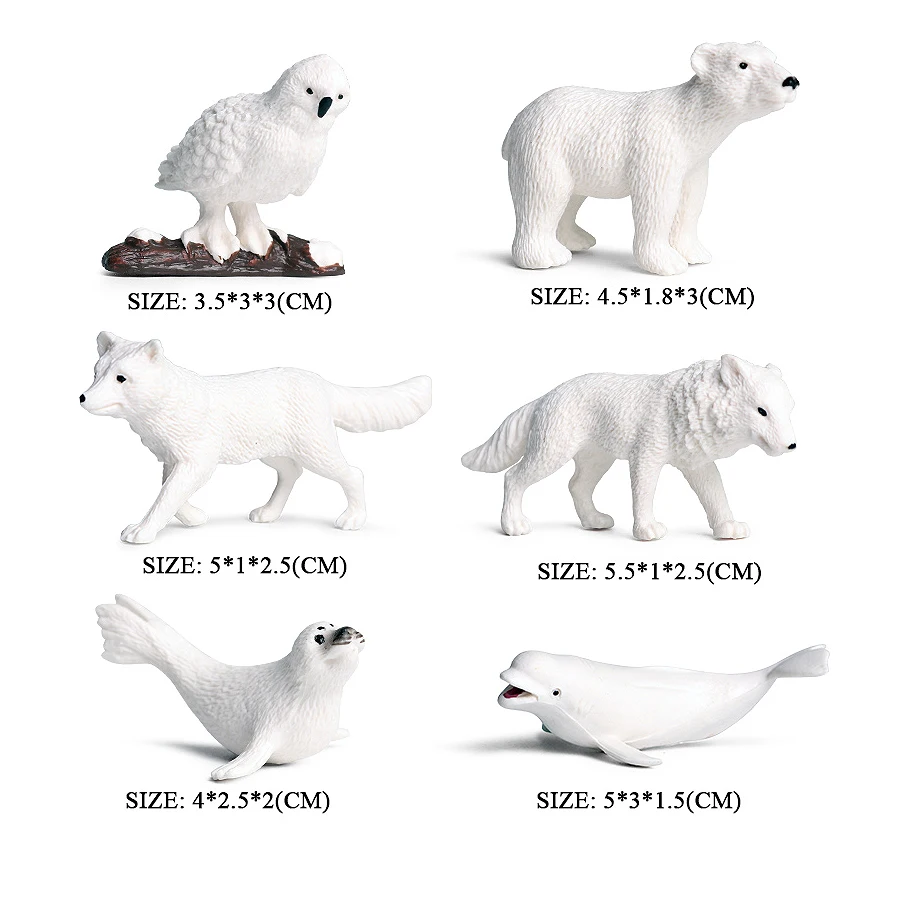 6Pcs Simulation Mini Arctic Figures Ocean Sea Animal Model Figurine Includes Dolphin,Polar Bear, Beluga,Ferrets,Snowy Owl,Wolf