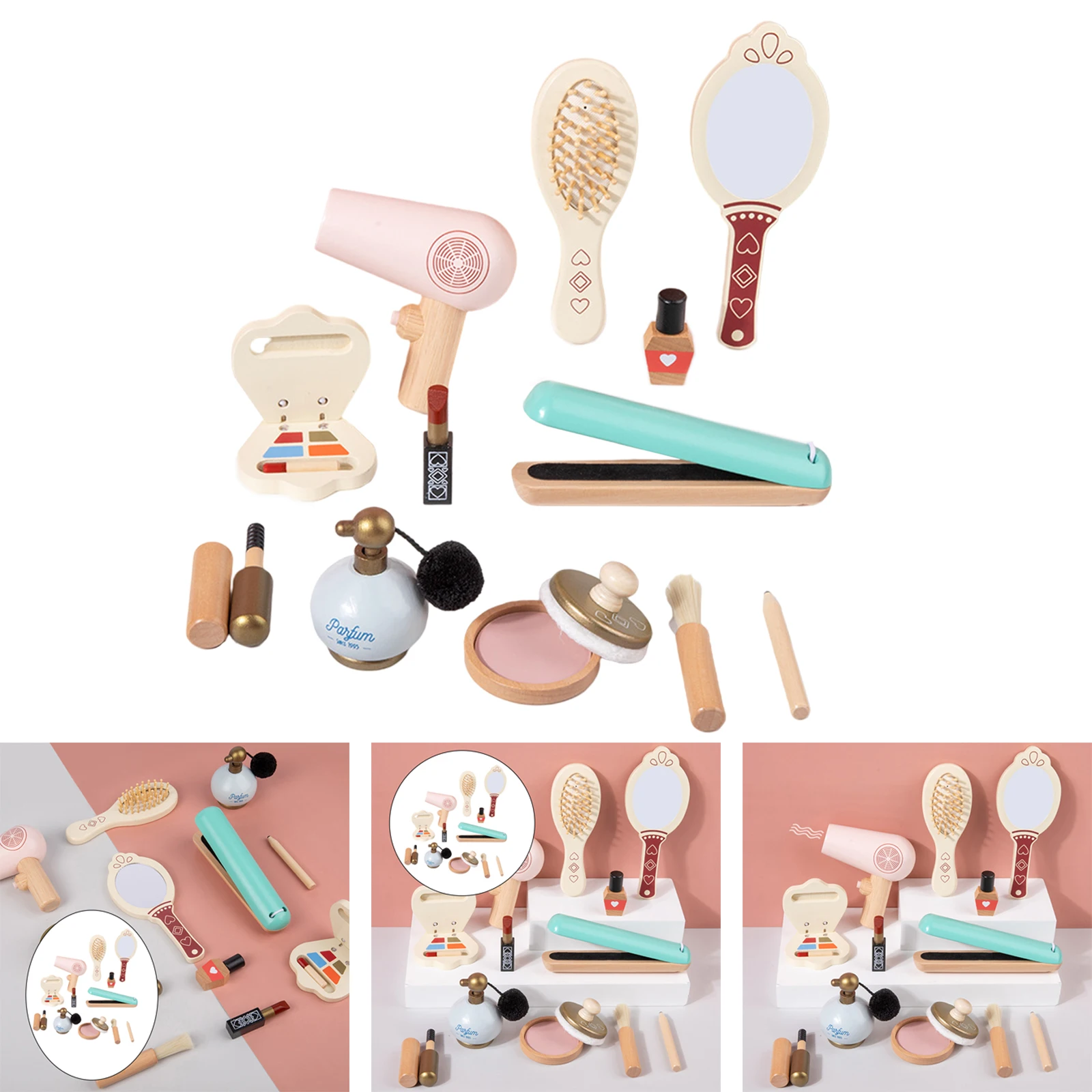 12Pcs/Set Wooden Kids Makeup Kit Role Play Hair Comb Brush Mirror Mascara Gifts Toy Makeup Set with Cosmetic Bag Girls Dressing