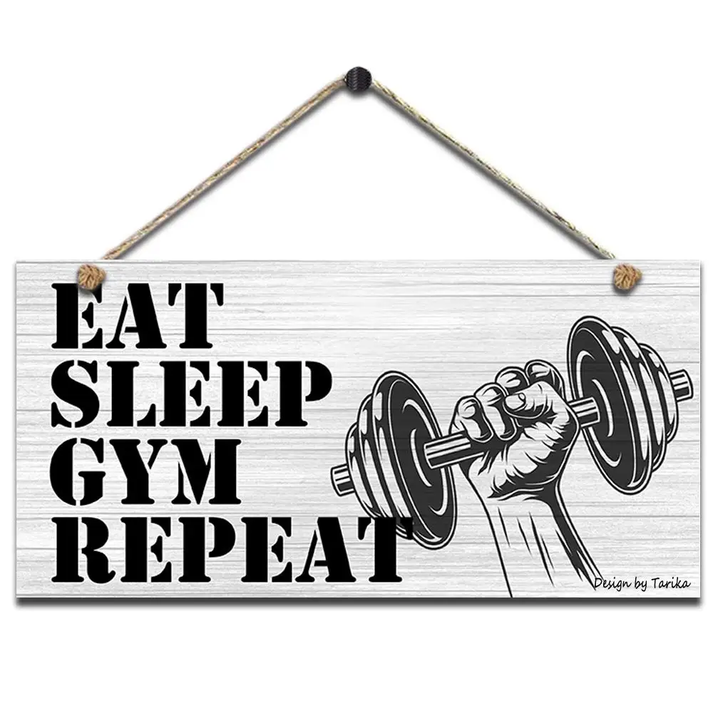 Eat Sleep Gym Repeat Retro Wooden Public Decorative Hanging Sign for Home Door Fence Vintage Wall Plaques Decoration(5x10Inches)