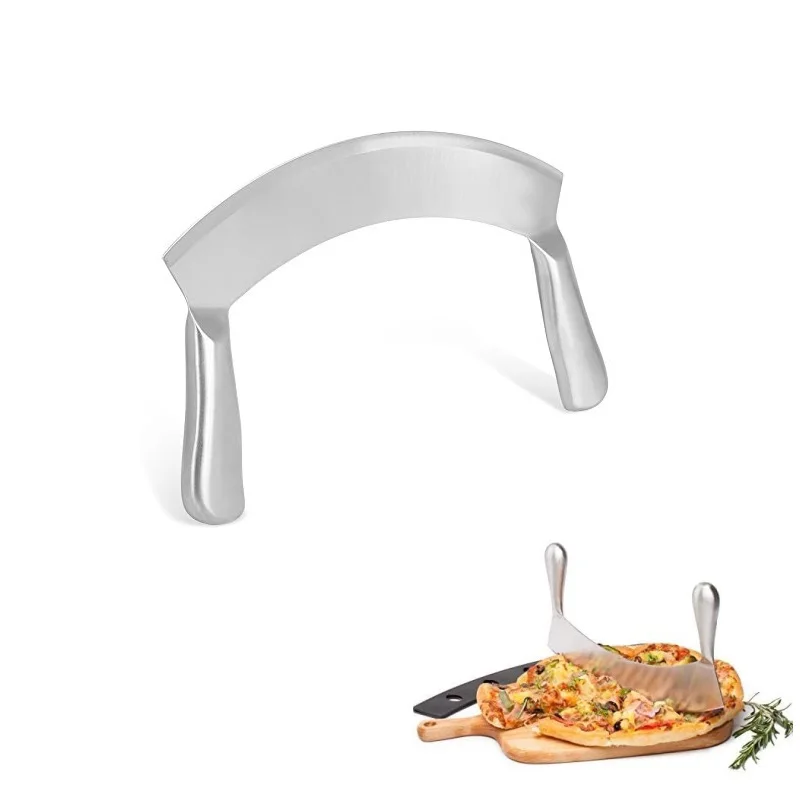 8.5in Stainless Steel Double-Handled Mezzaluna Knife Pizza Cutter Curved Blade Kitchen Herb Mincer Fruit Vegetable Salad Slicer