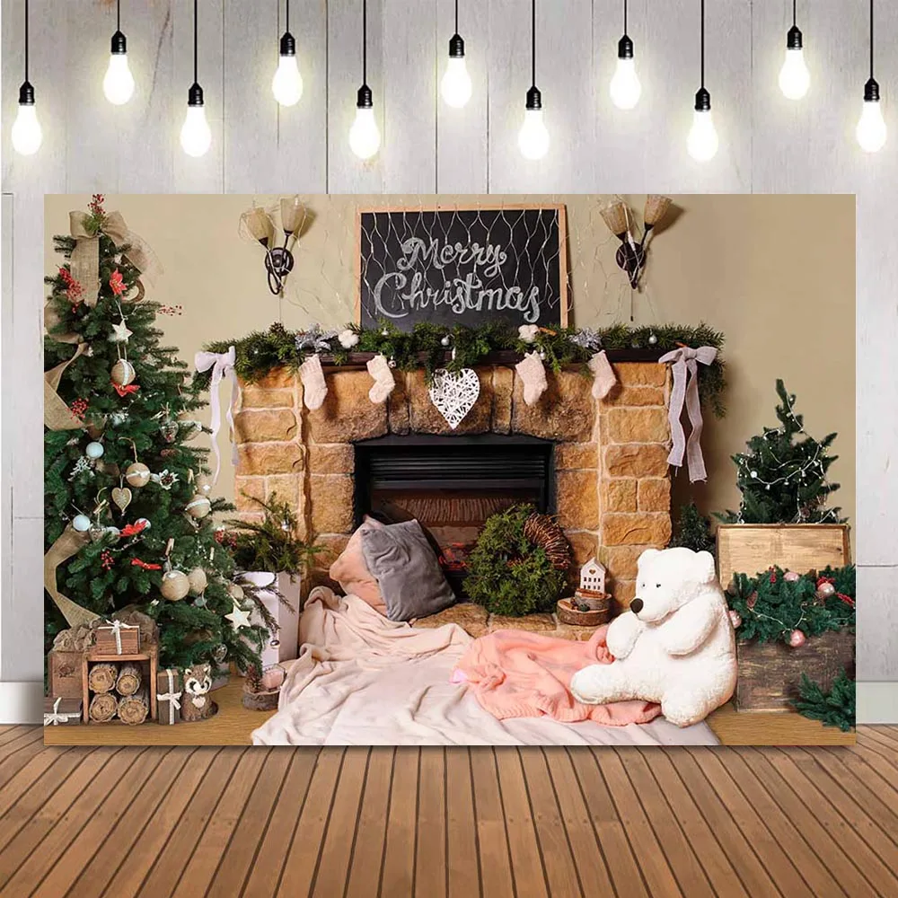 Merry Christmas Photography backdrop Brick Fireplace Christmas tree photo booth background studio Teddy Bear Photocall studio