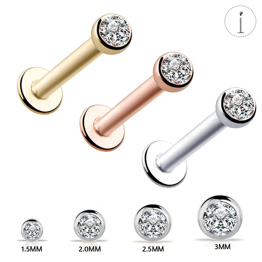 

1PC 316L Surgical Steel Internally threaded CZ Gem Labret 16G 1.5-3mm Lip Ring Ear Tragus Cartilage Earring Piercing