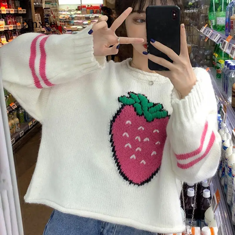 

Women Strawberry Sweaters Long Sleeve O-Neck Knitted Pullover Winter Sweet Style Girly Soft Embroidery Jacquard Top Clothing