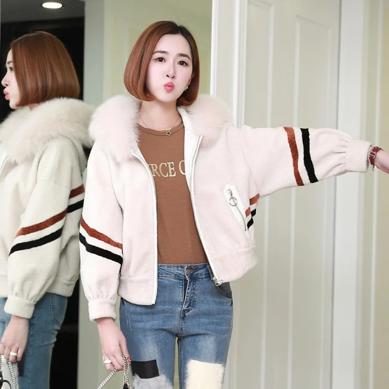 후드 티드 리얼 모피 코트 2022 겨울 코트 여성 폭스 모피 칼라 Shearling Jacket 램 모피 자켓 한국 슬림 쇼트 오버 코트 여성