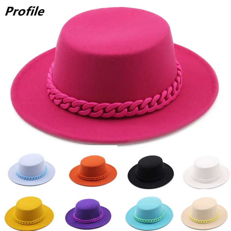 Wholesale price Fedora hat rose red acrylic color chain winter flat top fashion men and women felt jazz hat Fedora шляпа женская