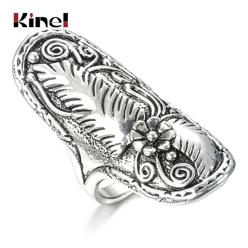 Kinel Boho Tibetan Silver Ring for Women Vintage Jewelry Ethnic Style Carved Pattern Wedding Party Big Rings Size 7-11