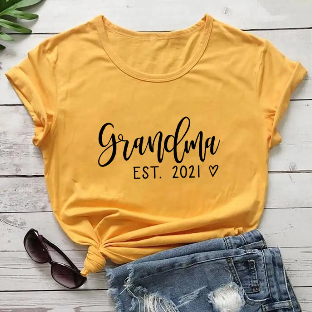 

Grandma Est. 2021 Printed 100%Cotton Women's T Shirt Mom Life O-Neck Pullover Short Sleeve Tops Mother's Day Gift Grandma Shirts