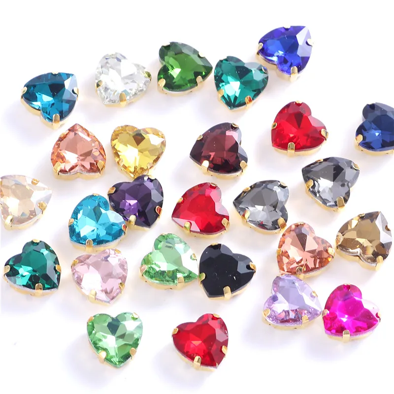 

New Heart Shape Glass Sew On Rhinestones With Gold Claw Sew on Stone Crystal for Clothing Accessories Shoes DIY