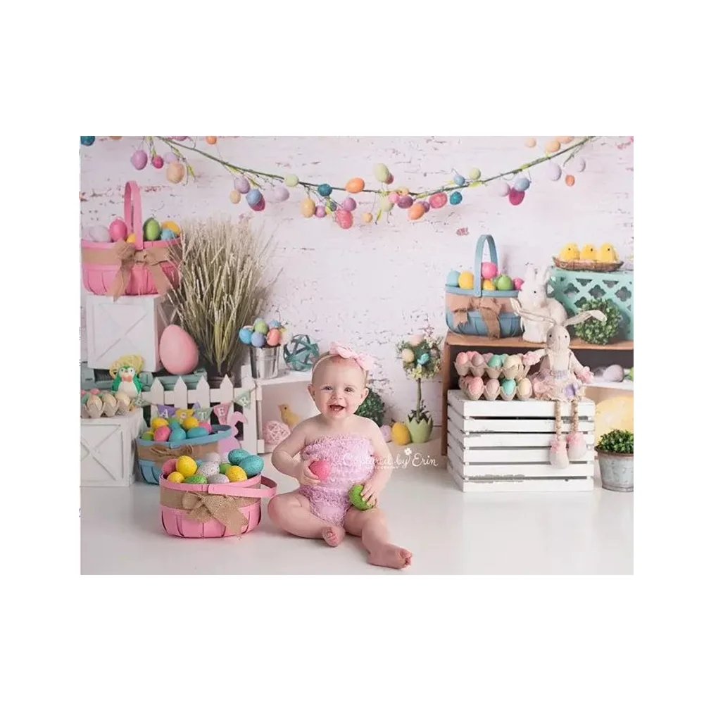 ไข่อีสเตอร์ฉากหลัง Photocall ฤดูใบไม้ผลิ Easter Bunny ถ่ายภาพพื้นหลังกําแพงอิฐสีขาวกระต่ายวันเกิด Photoshoot