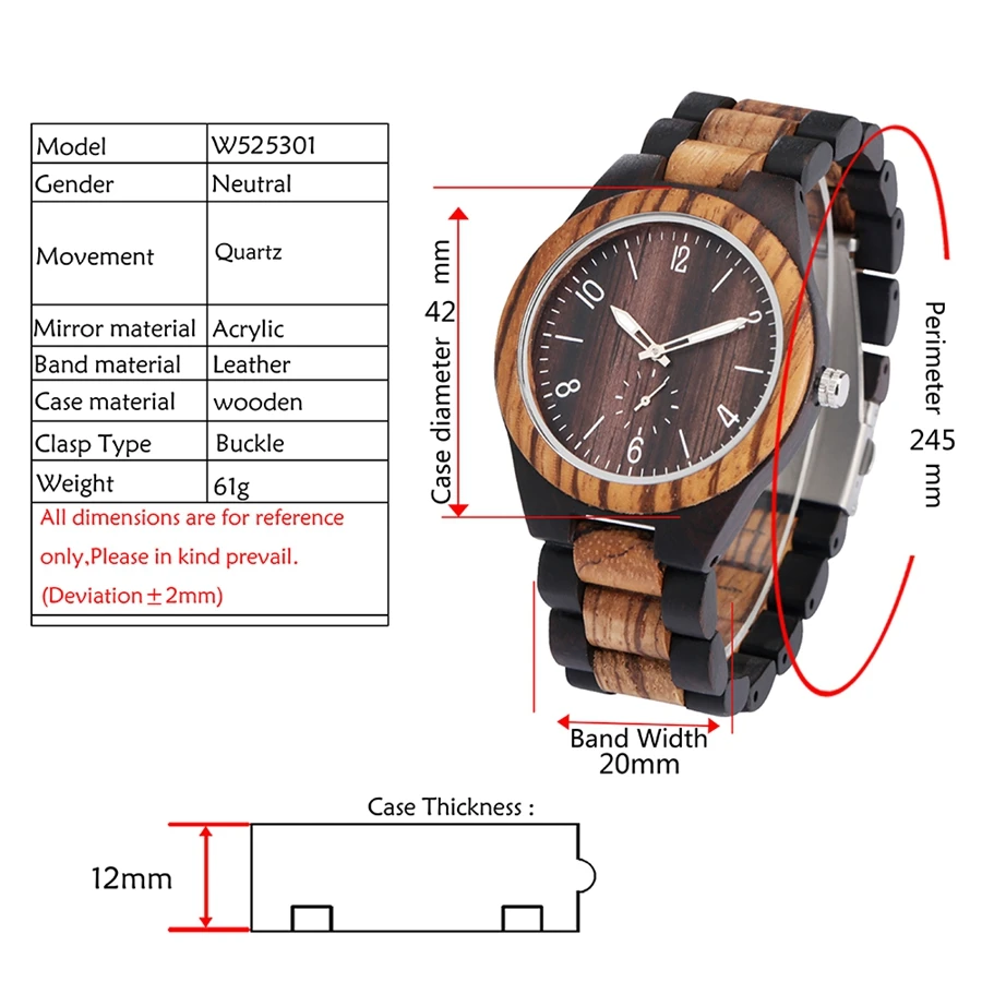 Retro Men 'S Quartz Full ไม้ผสมสีไม้นาฬิกาสำหรับชายวินาที Dial ปรับนาฬิกาชาย Reloj para Hombre