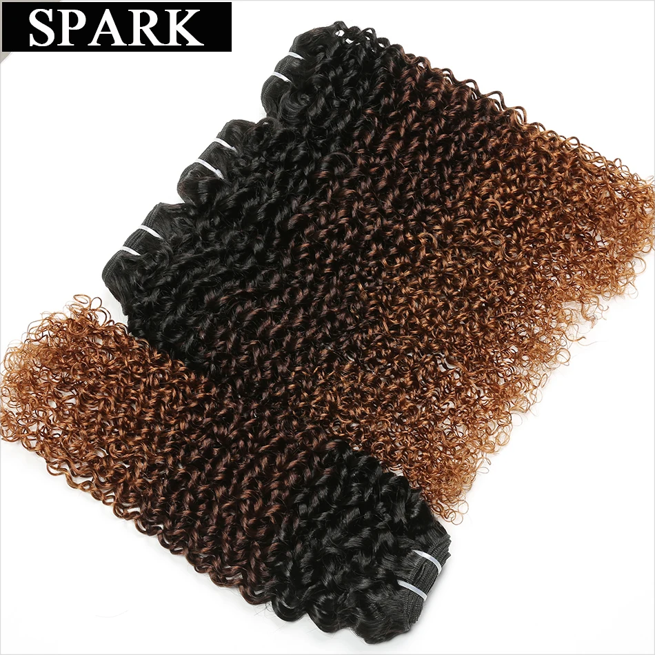 Spark Human Hair Mongolian Kinky Curly Three Tone 1B/4/30 Ombre Hair Bundles Human Hair Extensions 3/4pc Remy Human Hair Weaving