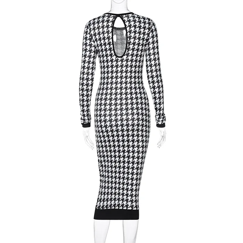 Houndstooth Print Women Long Sleeve Midi Dress Hollow Out Bodycon Sexy Streetwear 2024 Autumn Winter Club Elegant Slim