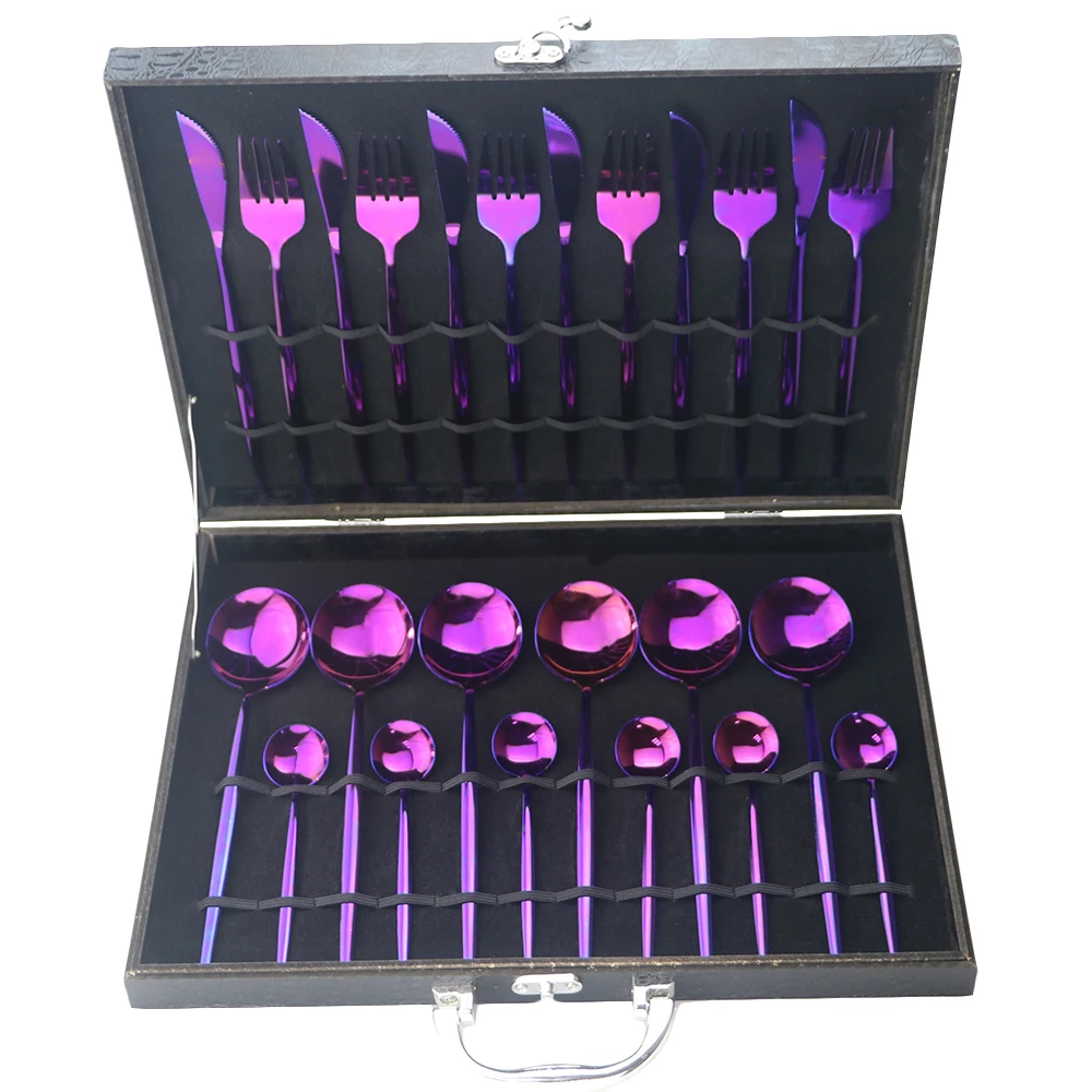 24Pcs Purple Dinnerware Set Knife Fork Spoon Cutlery Set 304 Stainless Steel Mirror Tableware Set Party Kitchen With Gift Box