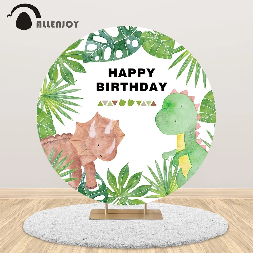 

Allenjoy Cartoon dinosaur boy birthday backdrop party round circle cover kids Tropical leaves banner background photobooth