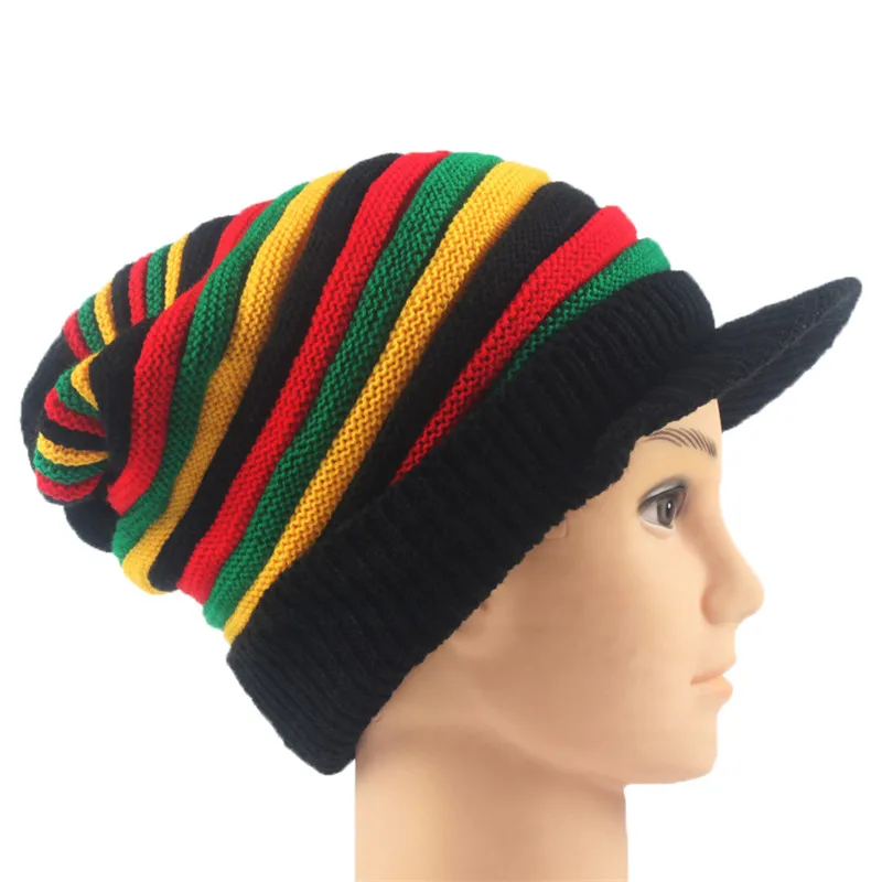 Gorro de lana a rayas para hombre y mujer, gorro de arcoíris, rojo, amarillo, verde, Bob Marley, Reggae, Skullies, moda de invierno