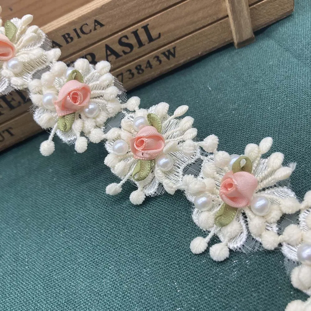 1Yard 4CM Beige 3D Rose Flower Embroidered Apliques Dress Trim Ribbon Fabric Sewing Lace Craft For Costume Garment Wedding Decor