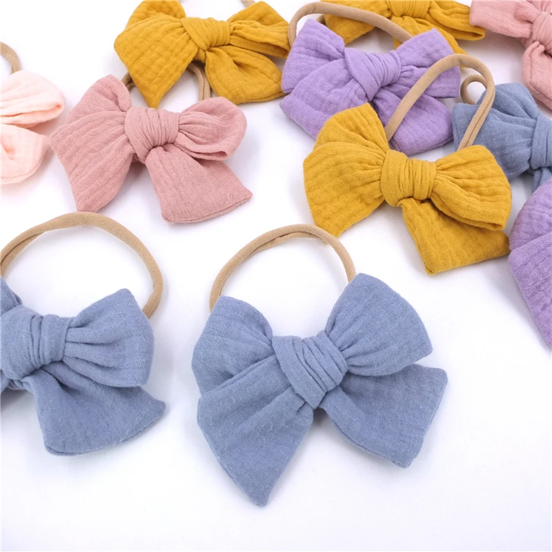 Original Cotton Gauze Hair Bow Fully Lined Clips Toddler Baby Girls Kids Muslin Fabric bows Nylon Headbands Stretchy Hairbands