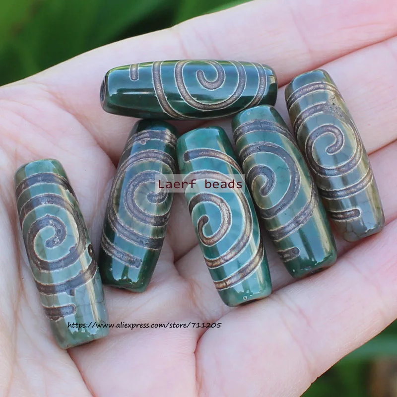 Around 8-10X28-30mm Green Ancient Tibet Dzi Agate Beads,Circle,Law wheel,Lucky Symbol,Powerful Amulet,For DIY Jewelry Making !