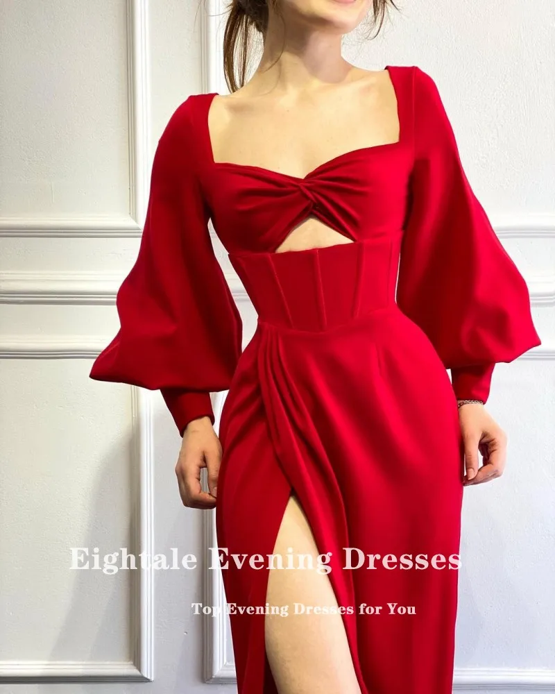 Robe de soirée rouge en velours 2021, tenue de bal, manches longues bouffantes, fente sur le côté, longueur au sol, arabe