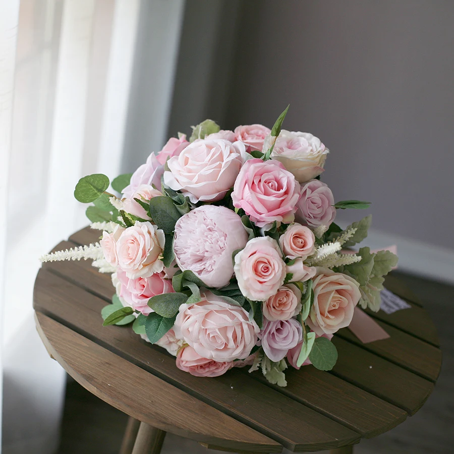 JaneVini-ramo de flores rosas románticas para boda, accesorios artificiales de seda, peonía, tacto Real, falso