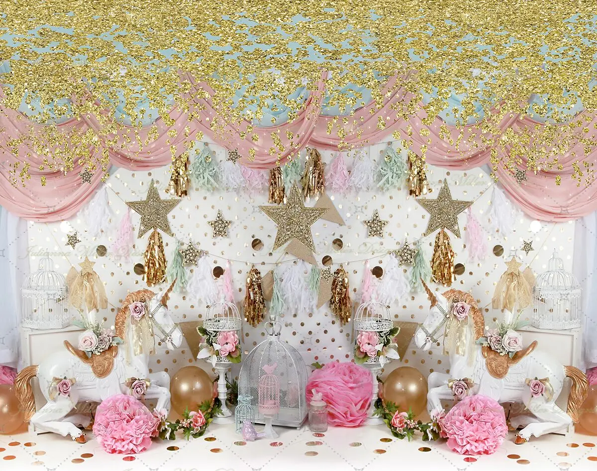 

Gold Sequins Curtains Star Flower Unicorn Balloon Star 1st backdrops High quality Computer print birthday background
