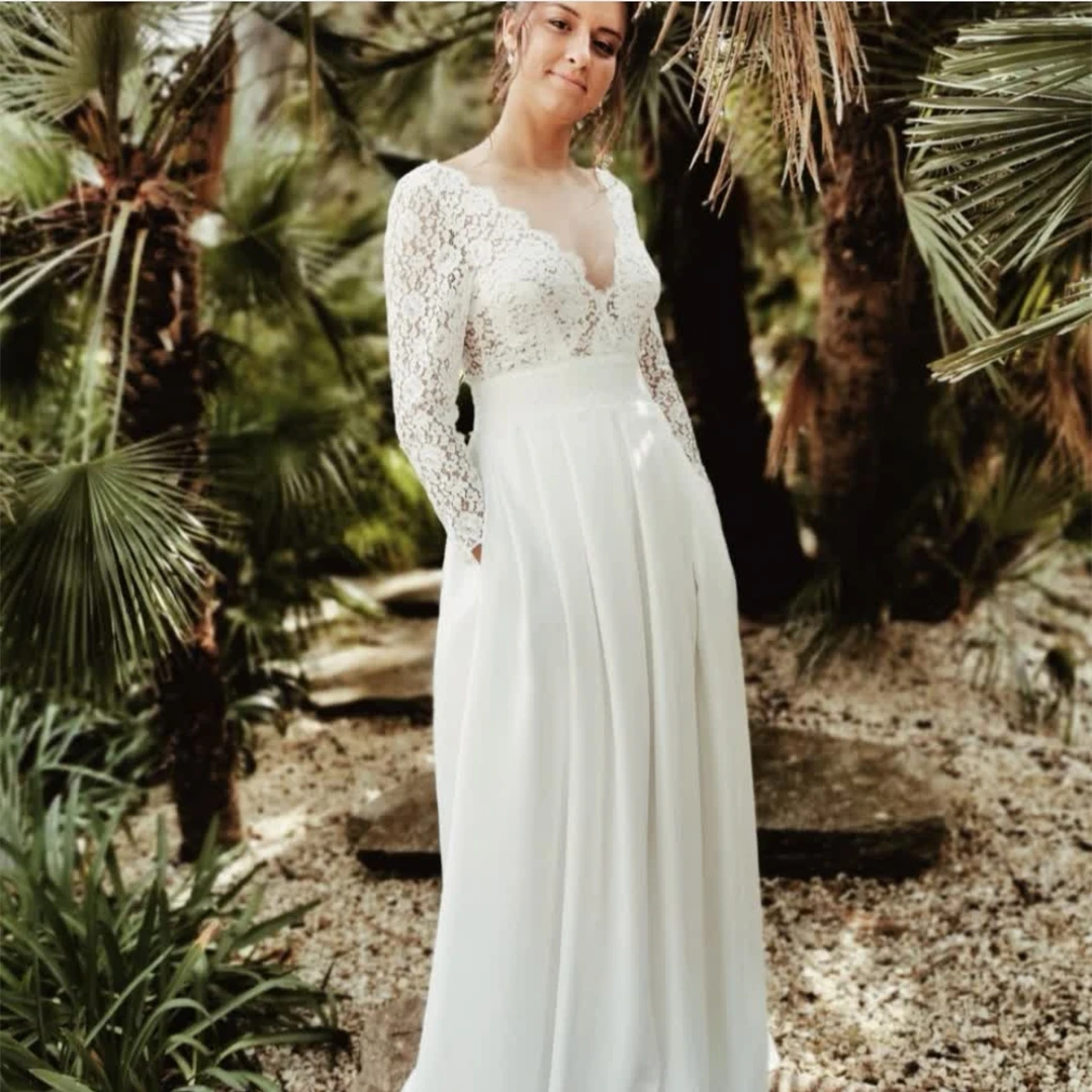 Robe De mariée en mousseline De soie, style Boho, ligne a, col en v, dos nu, manches longues, Simple, dentelle douce, poche, élégante, charmante