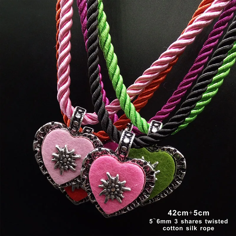 Bavarian Drawstring Cord Necklace Heart Edelweiss Pendant Ladies Costume Oktoberfest Jewelry Taditional German Pendant Necklace