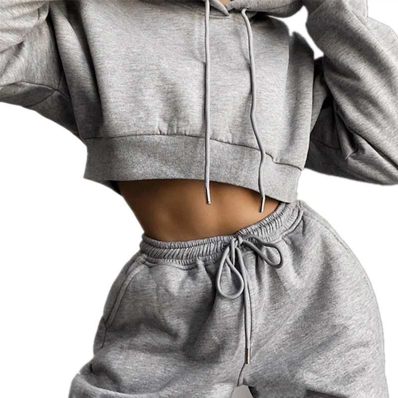 

Pink Sportswear Chic Outfits Autumn Winter Hooded Sweatshirt and Jogging Track Pants Set Suit Crop Top Straight-Leg Pants Set