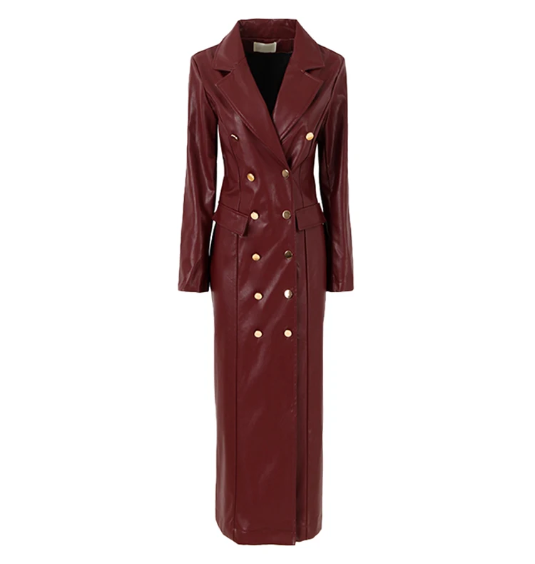 Lautaro Spring Autumn Extra Long Black Faux Leather Trench Coat for Women Double Breasted Luxury Elegant British Fashion 2022