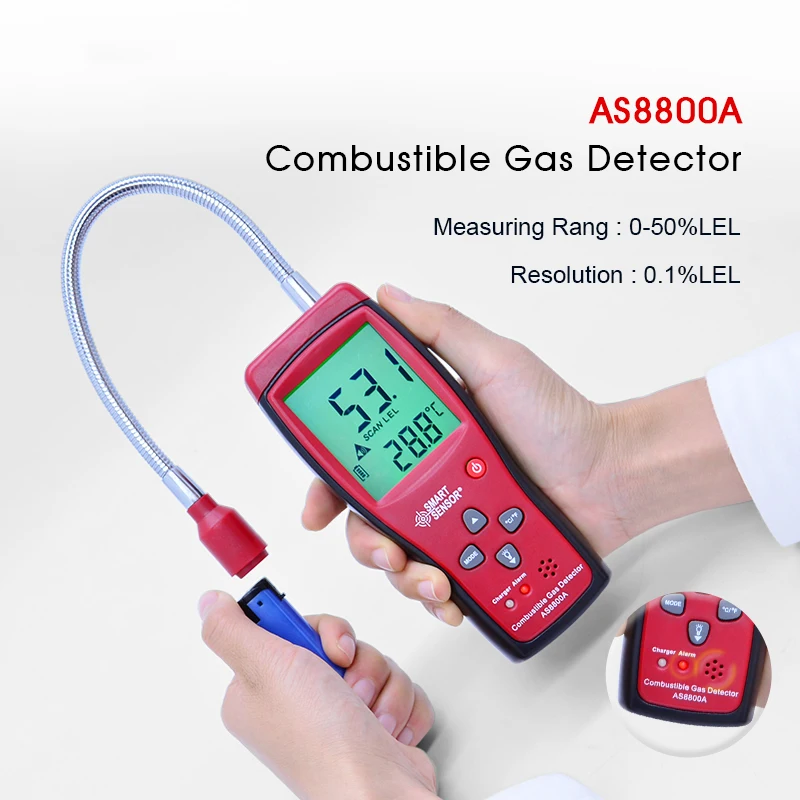 AS8800A Combustible Natural Gas Detector Large LCD Gas Leak Location Determine Analyzer Tester Sound Light Alarm Lithium Battery