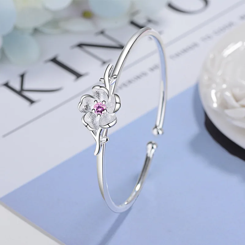 925 Sterling Silver Plum Flower Open Bracelets & Bangles High Quality Elegant Lady Sterling-silver-jewelry Pulseira Feminina