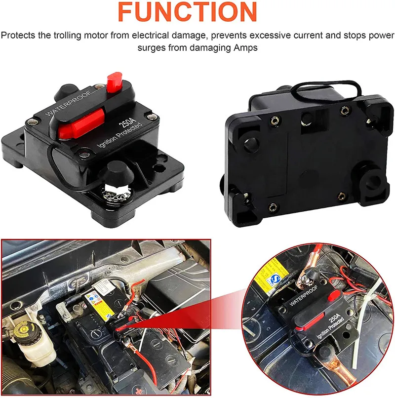 50-300A AMP Circuit Breaker Dual Battery IP67 Waterproof 12V 24V Fuse Manual Reset Car Circuit Breaker