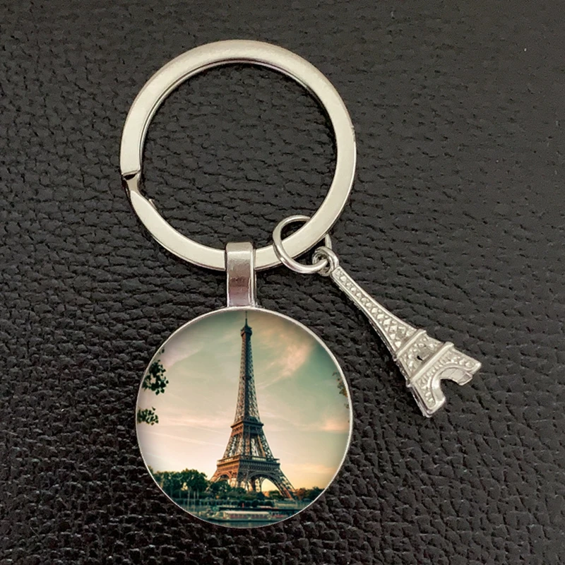 Romantic Paris Eiffel Tower Key Chains Art Lady Wander Drawing Design Glass Pendant Cute Keychain Keyring Women Bag Jewelry