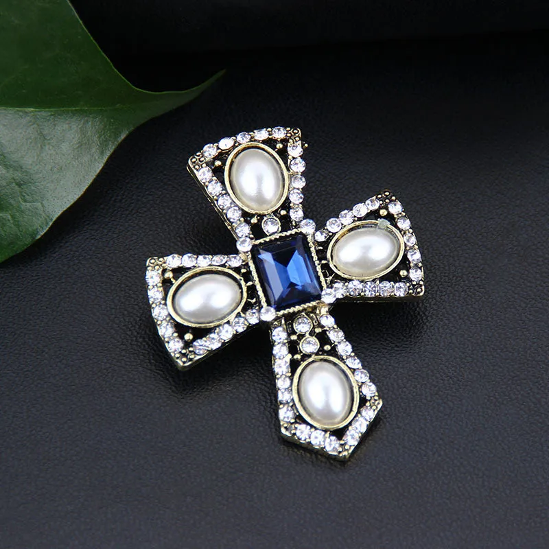 Cultured Pearl CZ Cross Brooch Women Men Jewelry Crystal Broche De Mujer Vintage Pins Metal Kpop