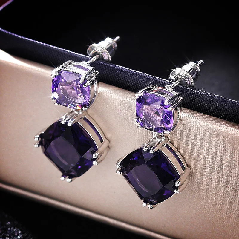 Huitan Noble Bridal Earrings for Wedding Geometric Purple Cubic Zirconia High Quality Elegant Women Accessories 2021 New Jewelry