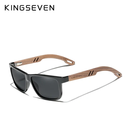 Imagen 2 del producto KINGSEVEN 100% Gafas De sol polarizadas Vintage De madera para hombre, Gafas De sol cuadradas De moda con protección UV400, Gafas De sol para mujer