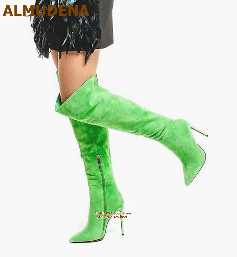 ALMUDENA Elegant Green Suede Over The Knee Boots Thin High Heel Pointed Toe Thigh High Boots Zipped Gladiator Dress Shoes Size46