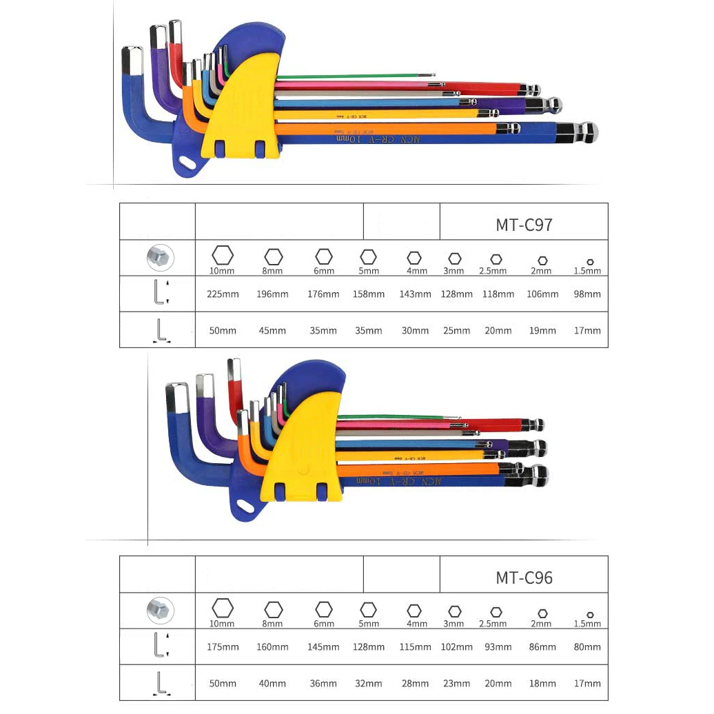 9 Pcs Ball Point Gekleurde Regen Boog Kleur Wrench Kleurrijke Hex Key Set Metrische Gemengde Kit