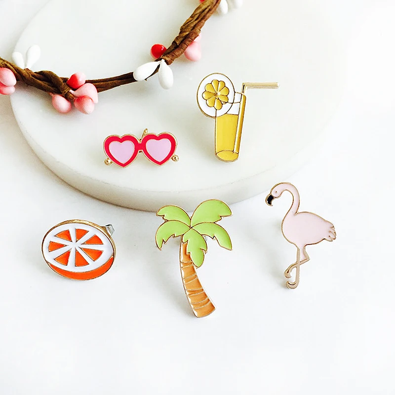 Flamingo Tree Cactus Enamel Pins Love Glasses Orange Juice Cartoon Brooches Denim Jackets Lapel Pin Button Badge Jewelry Gifts