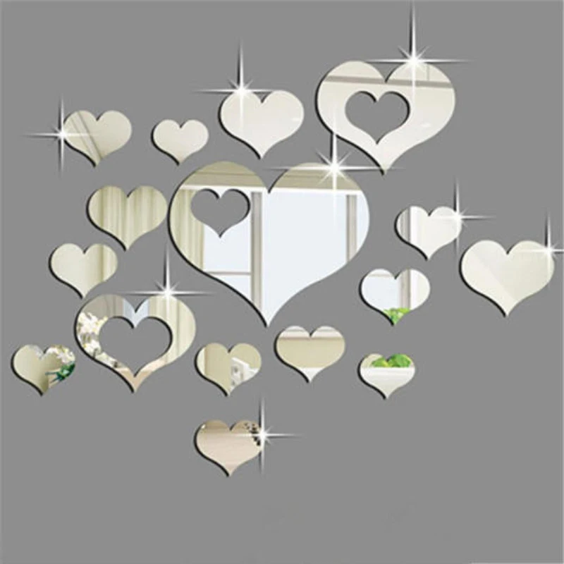 4 Colors Fashion 16Pcs Mirror Heart Shape Home Decoration DIY Plastic 3D Wall Stickers 2025 Hot Sales