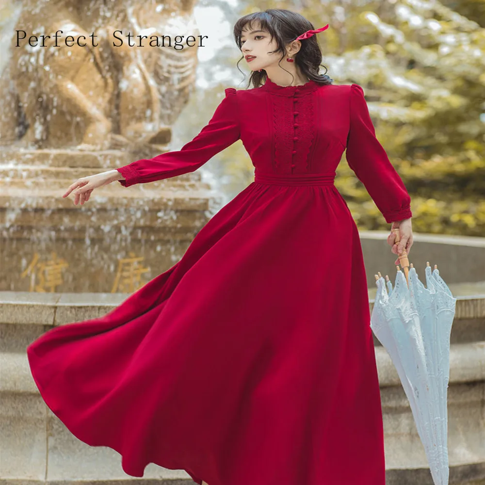 2021 Autumn Winter  Dress with standing collar of retro art temperament Long Sleeve Long Dress For Woman Female Vestidos