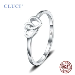 CLUCI Silver 925 Romantic Double Heart Anniversary Ring Simple Design Women Engagement Ring Gift Jewelry DR1004SB