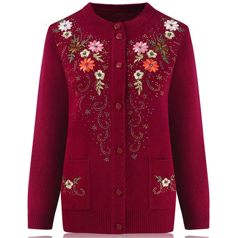 Middle-aged and elderly women\'s Embroidery Knit Cardigan Jacket Single-breasted Slim Sweater Coat Thin Grandma Spring Clothing