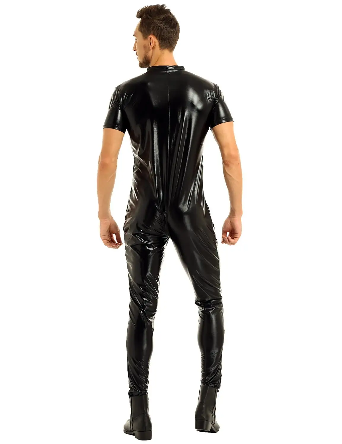 iiniim Mens Stretchy Faux Leather Short Sleeves Zipper Crotch Full Body Leotard Bodysuit Clubwear Evening Party Men Overalls