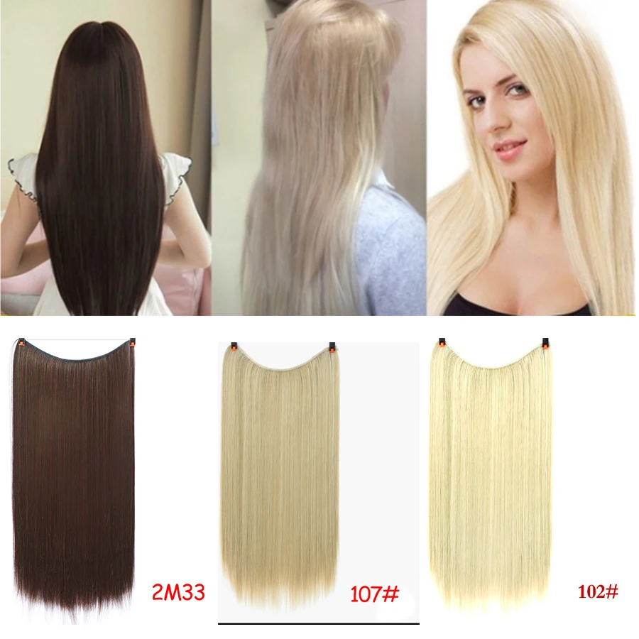 Allaosify 22 inches Clip on Wire Fish Line Hair Extensions Secret Invisible Wire One Piece for Ombre Hair Synthetic Hairpiece